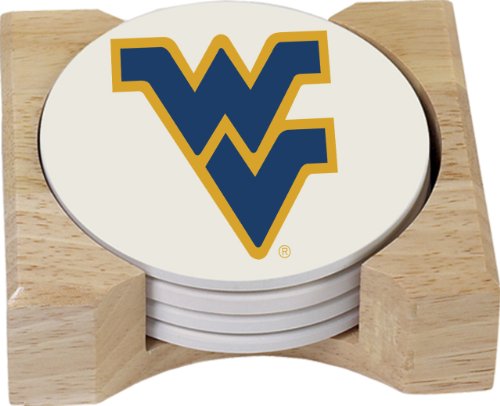 NCAA West Virginia Mountaineers Absorbent Coaster Four Pack Gift Set with Butcher Block Holder