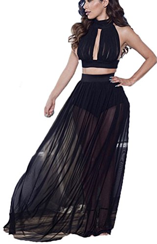 Allonly Women Sexy 2 Pieces Tank Tops Mesh Bodycon Split Party Maxi Skirt Set