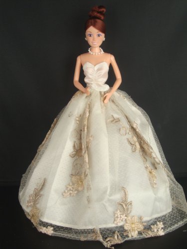 Ivory Strapless Ball Gown with Brown Lace Accents on the Botice Made to Fit the Barbie Doll
