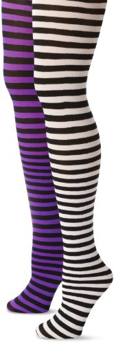 MUSIC LEGS Women's Plus-Size 2 Pack Opaque Striped Tights, Black/White/Black/Purple, One Size