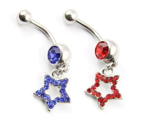 Lot of 2 14G Red Blue Crystals Fancy 5-pointed Star Dangle Navel Ring Bar Belly Button Ring