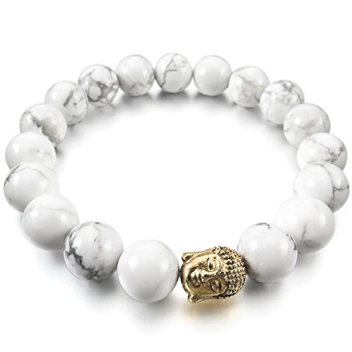 Men,Women's 10mm 12mm Alloy Bracelet Link Wrist Gold White Howlite Turquoise Buddha Mala Beads Elastic