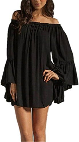 Yanjing Women's Sexy Off Shoulder Chiffon Boho Ruffle Sleeve Blouse Mini Dress