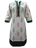 Fashion Boho Long Kurta Tunics White Dress Green Printed Linen Cotton Kurti M