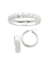 Sterling Silver Satin & Polished Bangle and 35mm Earrings Set. Metal Wt- 10.3g