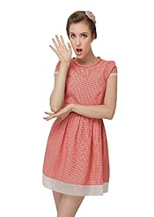 Cotton Houndstooth Print Puff Sleeves Illusion Party Dress 