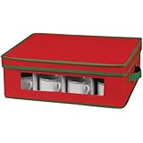 Household Essentials Holiday Dinnerware Storage Chest for Coffee Cups, Red with Green Trim