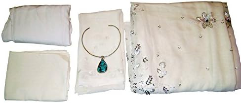 White Double Georgette Saree with Sterling Silver and Turquoise Necklace