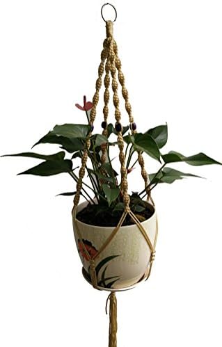 Macrame Jute 4 Legs 36 Inch Plant Hanger with Beads Indoor Flower Hanger Beige