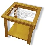 Glass Top End Table - Solid Oak, Fully Assembled - Cowboy Western Art Etching
