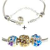 High Quality Starter Charm Bead Bracelet, Pandora Compatible Bracelet, with 7.5 Snake Chain Bracelet, Three Beautiful Beads and Safety Chain. 7 Inch Bracelet Opens so Beads CAN Be Added and Changed. Gift Box.