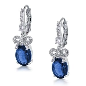 Bling Jewelry Silver Bridal Bow Ribbon Drop CZ Sapphire Color Leverback Earrings