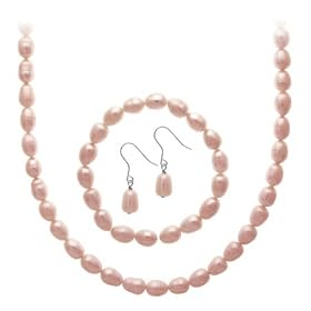 Sterling Silver Freshwater Cultured Pink Pearl Necklace, Bracelet Earring Jewelry Set