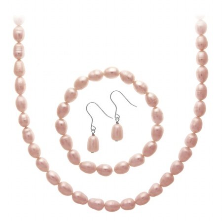 Sterling Silver Freshwater Cultured Pink Pearl Necklace - Bracelet Earring Jewelry Set