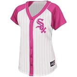 MLB Women's Chicago White Sox Short Sleeve 5 Button Synthetic Replica Baseball Jersey (White & Pink Splash Pinstripes/Pink Splash, Medium)