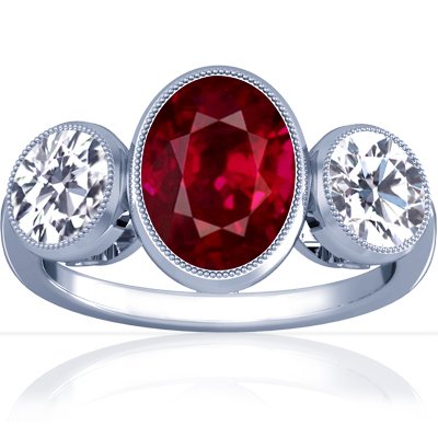 18K White Gold Oval Cut Ruby Three Stone Ring