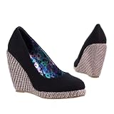 Damen Schuhe, PUMPS, KEIL WEDGE HIGH HEELS PLATEAU, 258-19, Textil
