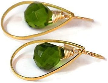1 Inch, Gold Tone, Olive Green Glass Dangle Earrings.