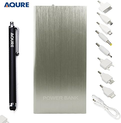 AQURE Ultrathin 20000mAh Dual USB Portable External Battery Charger Power Bank with 8 in 1 Cable and Stylus Pen for Iphone Ipad Samsung Blackberry Rechargeable Emergency Backup (White)