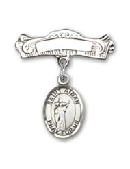 Sterling Silver Baby Badge with St. Aidan of Lindesfarne Charm and Arched Polished Badge Pin