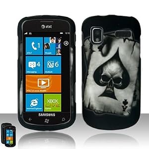 [2in1 Bundle- Case + Cellphone Bag] Rubberized Black Grey Ace Spade Skull Snap on Design Case Hard Case Skin Cover Faceplate for Samsung Focus I917