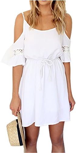 Teeta(TM)Women's Off Shoulder Trumpet Sleeve Casual Lace White Loose Strap Mini Dress S