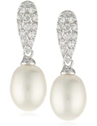 Sterling Silver Cubic Zirconia and Freshwater Cultured Pearl Drop Post Earrings