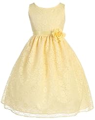 Girls Tea Length Lace Floral Print  Dress With a Ribbon  and a Sash 