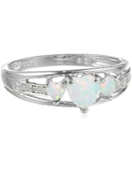 Silver Three Heart Shape Created Opal with 0.018 Diamonds cttw Ring, Size 7