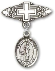 Sterling Silver Baby Badge with St. Genesius of Rome Charm and Badge Pin with Cross