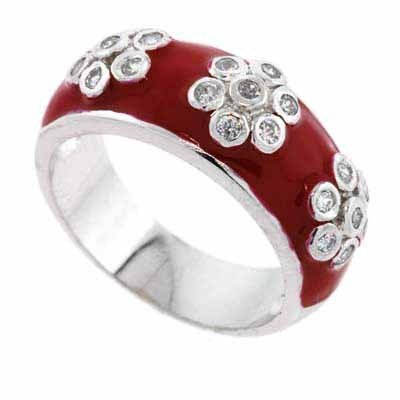 Silver Flower Red Enamel Simulated Diamond Ring S10