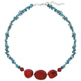 Turquoise and Coral Nugget Necklace w/ Sterling Silver Beads, 16+3