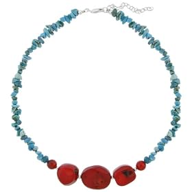 Turquoise and Coral Nugget Necklace with Sterling Silver Beads, 16+3 Extender by
