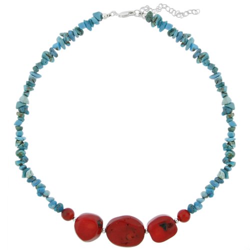 Turquoise and Coral Nugget Necklace w/ Sterling Silver Beads, 16+3″ Extender