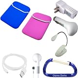 Blue / Pink Barnes and Nobles Nook eBook Neoprene Reversible Sleeve Case Cover, USB Charging Cable / Data HotSync, USB Car Charger, USB USB Power Adapter / Wall Charger, LED Max Bright Light, Earphones, and Free Carabiner Key Chain