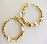 Disney Couture Gold Plated Tinkerbell Bamboo Hoops Earrings With * White * Butterflies * Kidada Jone