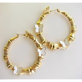 Click here to buy Disney Couture Gold Plated Tinkerbell Bamboo Hoops Earrings With White Butterflies Kidada Jone's... by Disney.