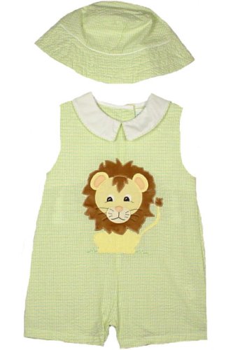 ZU Petit Ami Newborn Boys Lion Seersucker Romper with Hat, 9M