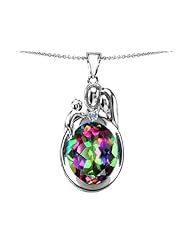 Original Star K (tm) Loving Mother And Father With Child Pendant With Oval 11x9mm Rainbow Mystic Topaz in .925 Sterling Silver
