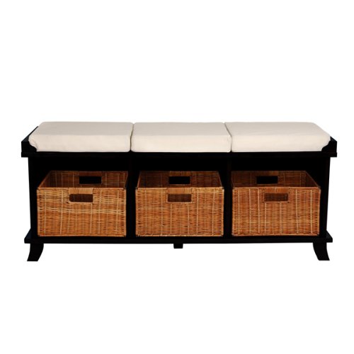 Kitchen: Entryway Bench with 3 Baskets/Cushions   Black