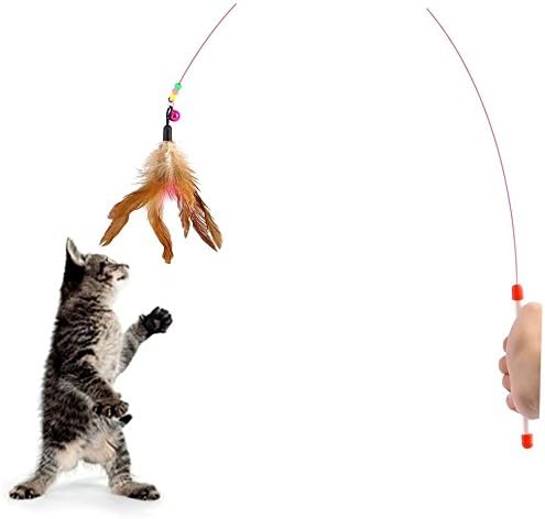 Kitten Cat Pet Toy Wire Chaser Wand Teaser Feather With Bell Beads Play Fun