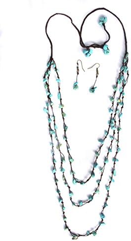 Thai Village Multi Strand Rock Candy 36" Adjustable Macrame Necklace and Earrings Set with Mulberry Box (Turquoise)