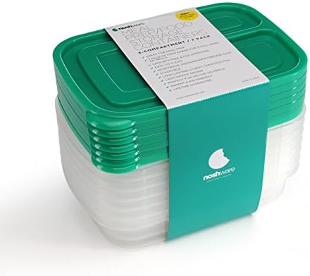 Noshware 3 Compartment Meal Container Set | Durable Nontoxic Plastic, FDA Approved, Safe for Dishwasher, Microwave &amp; Freezer | Pack of 7, Stackable, Clear with Green Lids, Kids Bento Lunch Box