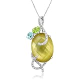 14k White Gold Blue Topaz Quartz Gem Diamond Pendant Necklace, TW: 2.80 carat