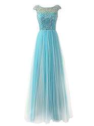 A-line Cap Sleeves Bateau Neck Full-Skirt Jeweled Lace Pleated Beaded Tulle Prom Dress 