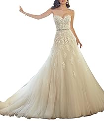 Corset   Waistline Lace Beaded Tulle Sleeveless Sweetheart Wedding Dress  with a Chapel Train 