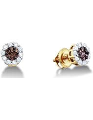 14K Yellow Gold Large Channel Invisible Set Round White and Chocolate Brown Diamond Flower Stud Earrings with Screw Back Closure - (1.00 cttw)