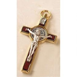 Wood Inlay and Black Trim Saint Benedict Crucifix - 3" Height - Latin Cross - Pendant - Made in Italy