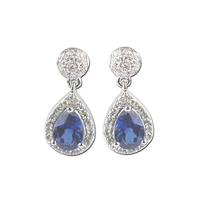 14K White Gold 1/4 ct. Diamond with 1 1/5 ct. Teardrop Shaped Sapphire (Lab Created) Corundum Earrings