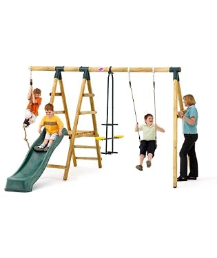 Plum Meerkat Wooden Garden Swing Set with Swing, 2 Seat Glider, Climbing Rope and Slide